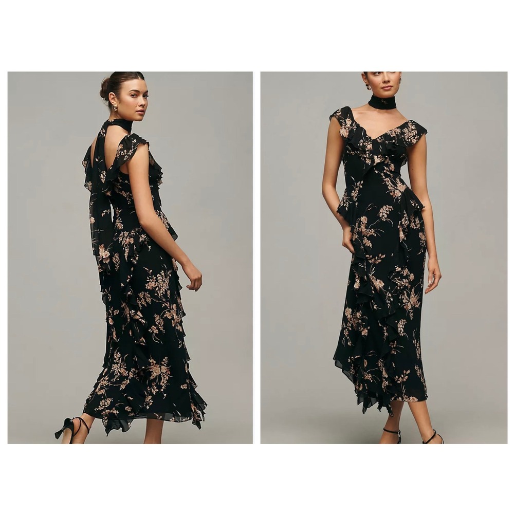 Reformation Black Floral Ruffle V-Neck Maxi Dress Size 6 NWT